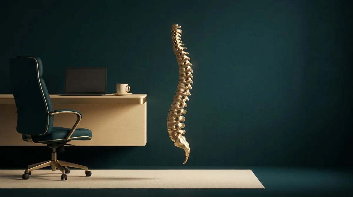Composição simbólica de uma coluna vertebral estilizada em dourado ao lado de uma cadeira de escritório ergonômica e uma mesa minimalista, em tons petróleo e creme.