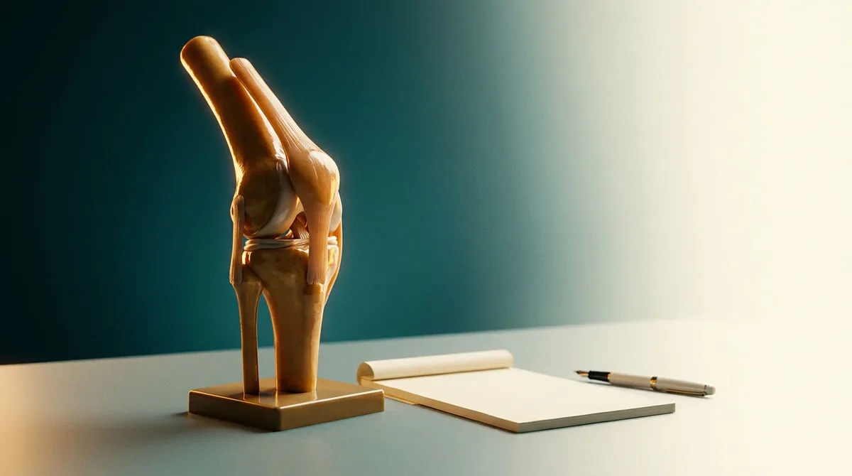 Modelo anatômico de uma articulação sobre uma mesa de consultório em tons petróleo e dourado, ao lado de uma folha em branco e uma caneta, simbolizando a reflexão antes de decidir por uma cirurgia.