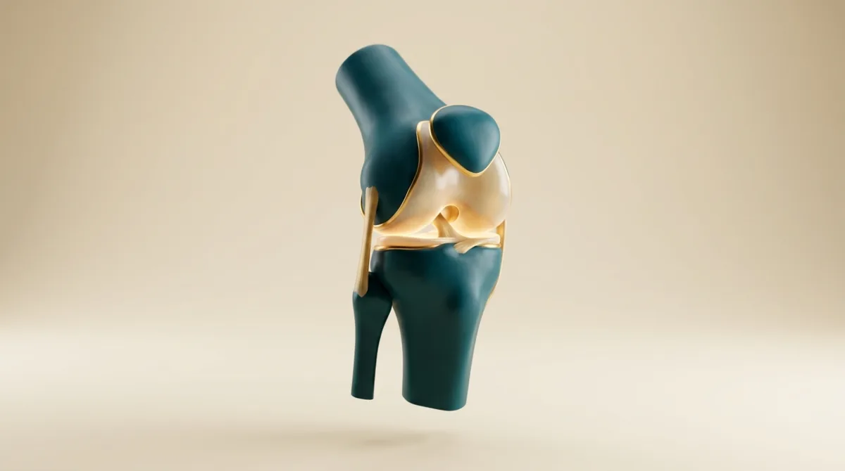 Ilustração 3D simbólica de uma articulação do joelho humano em tom petróleo e dourado, sugerindo cartilagem saudável e regeneração, sobre fundo creme, sem pessoas e sem texto.