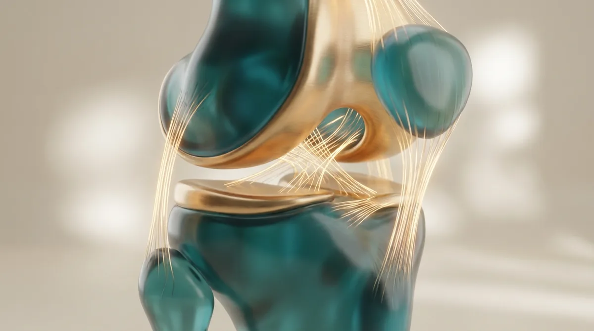 Ilustração anatômica simbólica de uma articulação do joelho em corte, com finas fibras de colágeno entrelaçadas entre as superfícies de cartilagem, em tons petróleo e dourado sobre fundo creme.