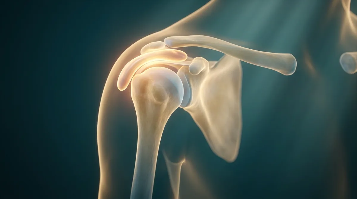 Ilustração anatômica em 3D de uma articulação do ombro com o espaço subacromial e a bursa em destaque, sobre fundo petróleo com luz dourada.