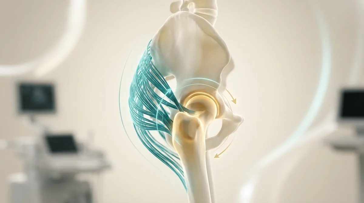 Ilustração 3D anatômica simbólica do quadril e do trocânter maior, com fibras dos tendões glúteos brilhando sobre a saliência óssea, em tons petróleo e dourado sobre fundo creme.