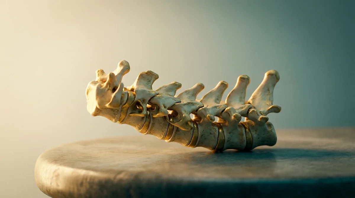 Modelo anatômico da coluna cervical iluminado sobre superfície lisa, em tons petróleo e dourado, simbolizando a investigação cuidadosa da cervicalgia crônica.
