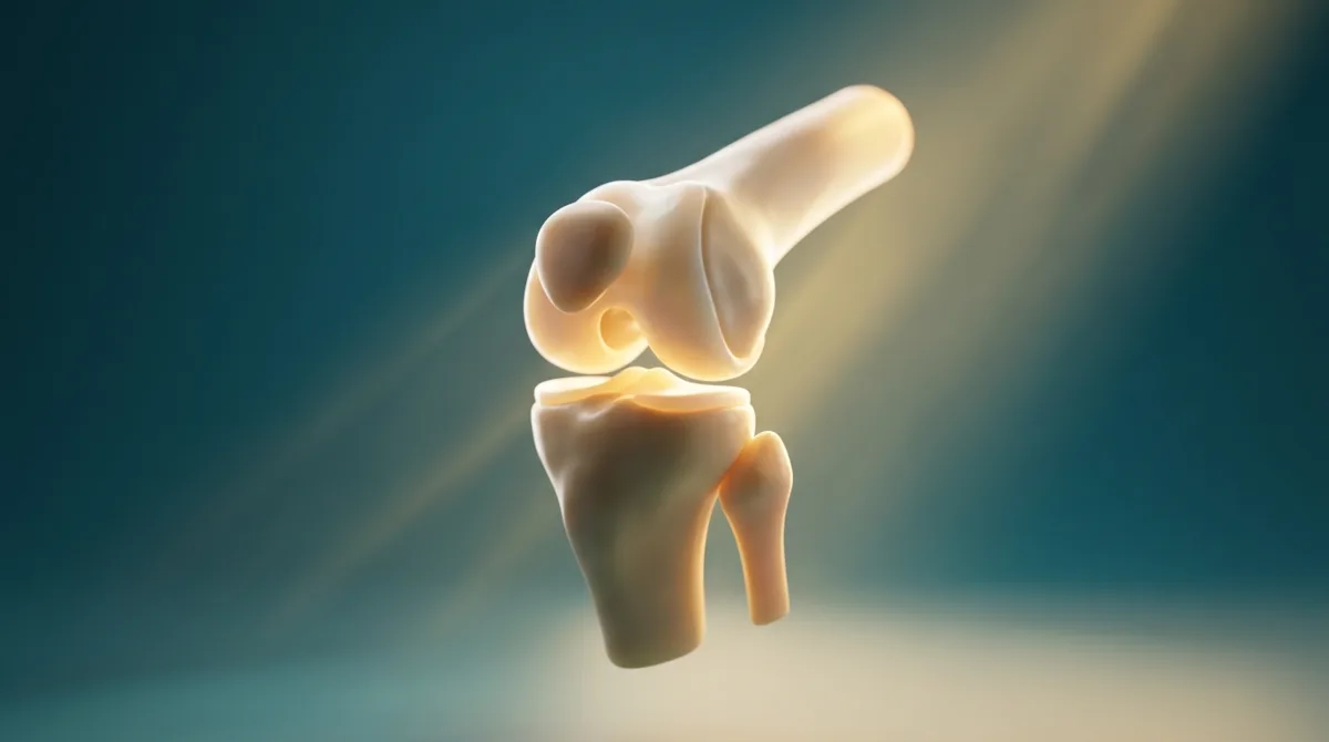 Ilustração anatômica em 3D de um joelho com a patela e a cartilagem em destaque, em tons de azul petróleo e dourado.