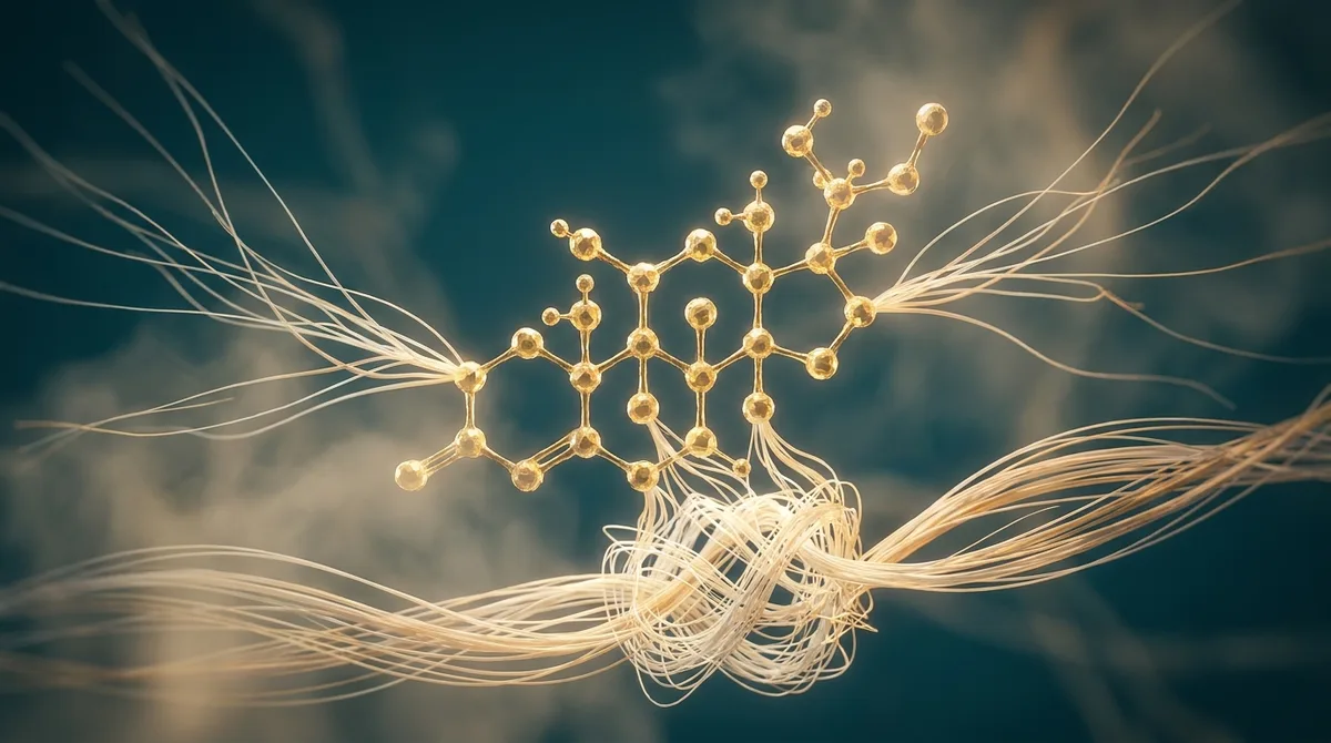 Representação simbólica em 3D de uma molécula de cortisol dourada sobre fundo petróleo, com filamentos luminosos que se enredam em um nó tenso, evocando tensão crônica e dor difusa.