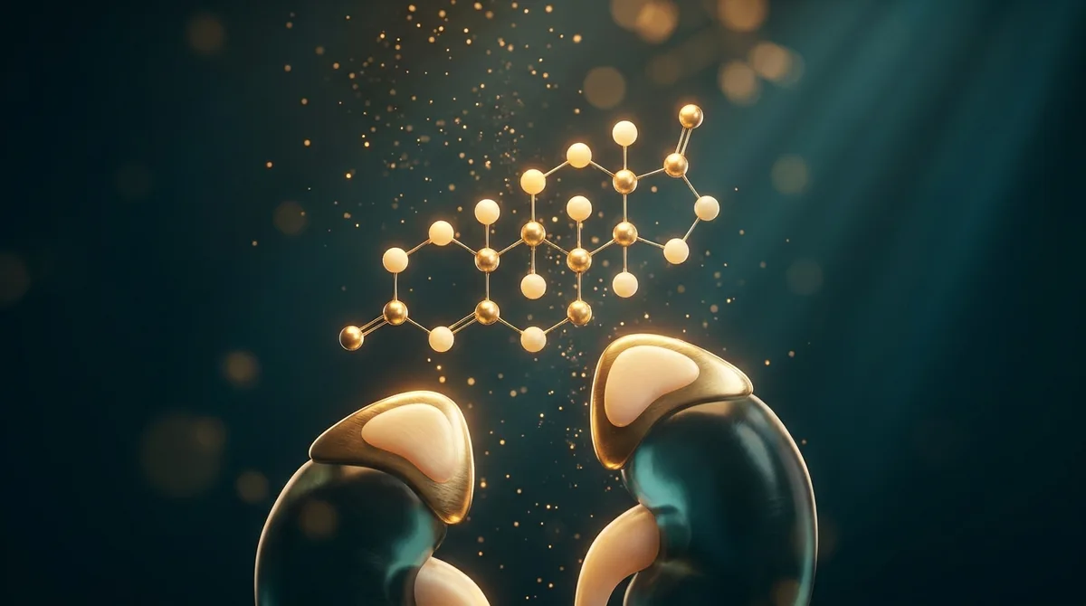 Ilustração simbólica em tons de petróleo e dourado mostrando a molécula do hormônio DHEA e uma representação abstrata das glândulas adrenais, evocando equilíbrio hormonal e vitalidade.