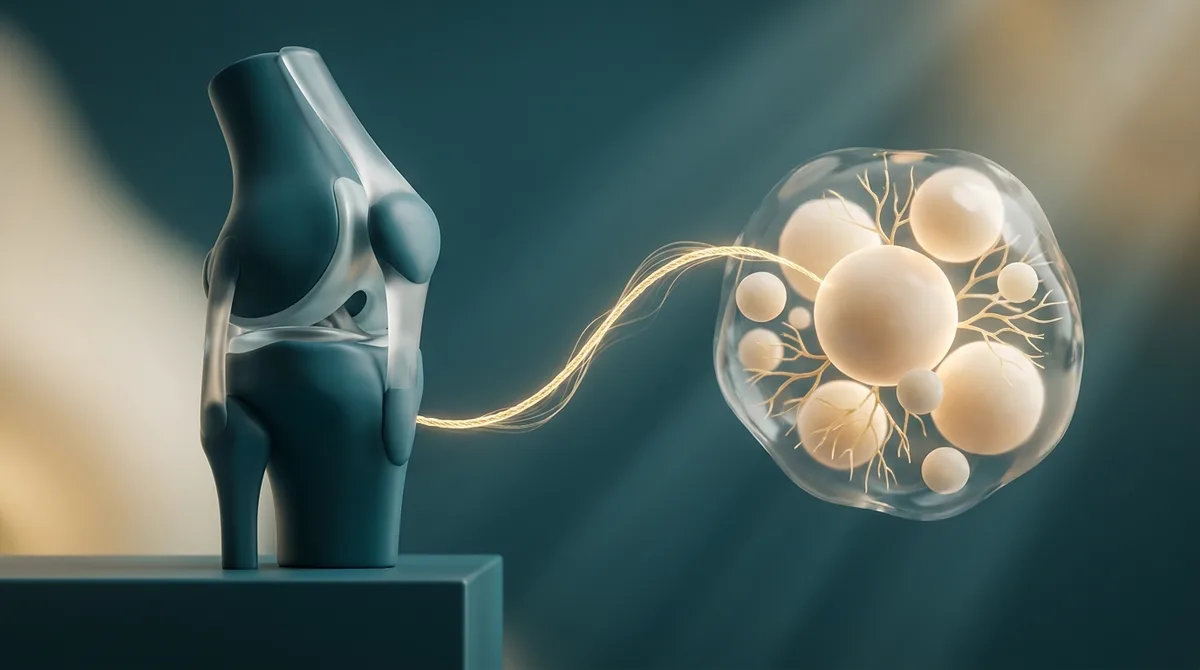 Ilustração simbólica do eixo intestino-articulação: corte anatômico de um joelho ligado por um fio dourado a esferas orgânicas que representam a microbiota intestinal, em tons petróleo e dourado sobre fundo creme escuro.
