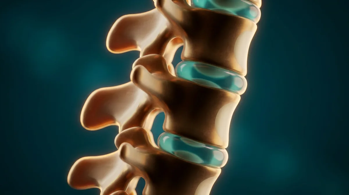 Ilustração anatômica estilizada de uma coluna lombar com discos intervertebrais, em tons petróleo, dourado e creme, sem pessoas e sem texto.