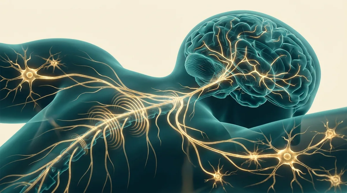 Ilustração conceitual de uma rede neural e vias de dor amplificadas percorrendo cérebro e medula, em tons petróleo e dourado sobre fundo creme, sem pessoas e sem texto.