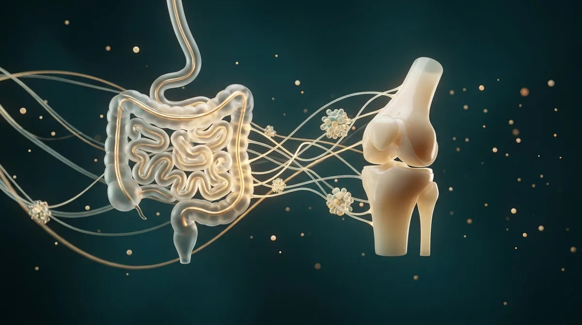 Ilustração conceitual do eixo intestino-articulação: filamentos e esferas luminosas conectando uma forma intestinal estilizada a uma articulação do joelho, em tons de petróleo, dourado e creme.