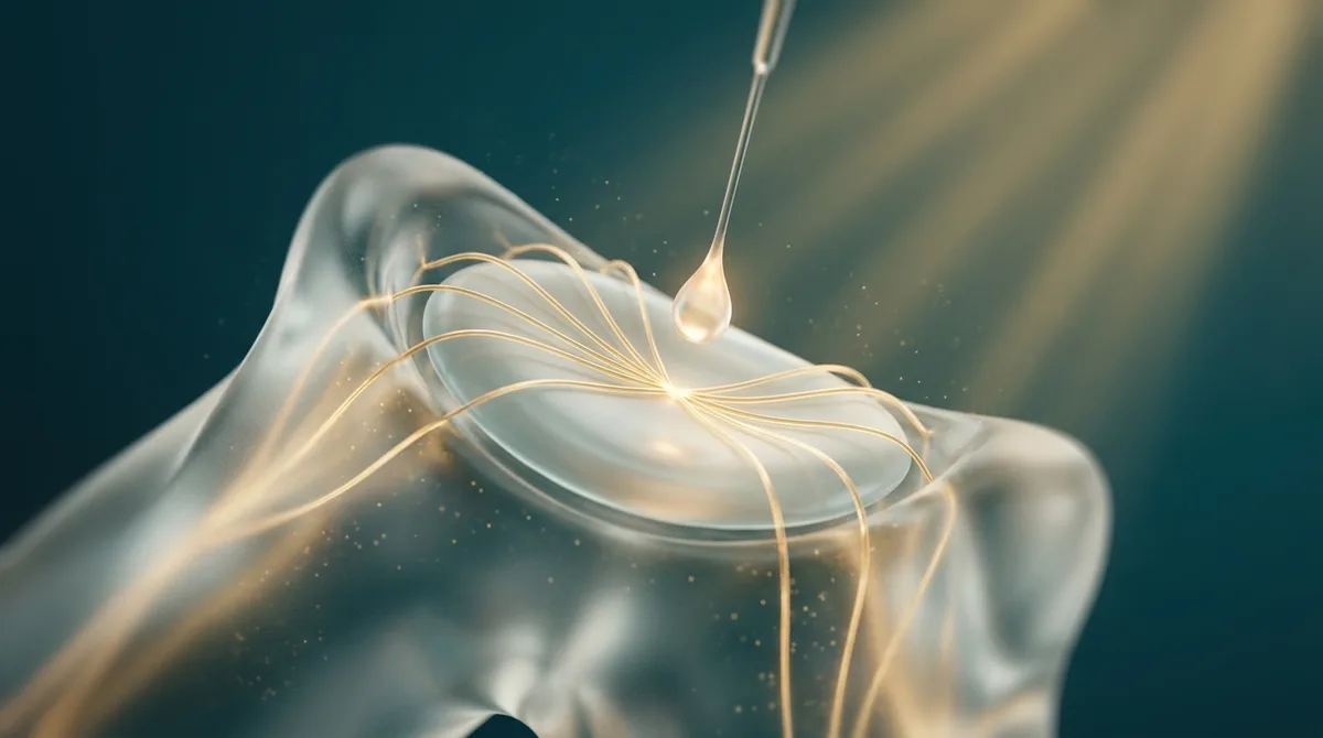 Ilustração simbólica de regeneração articular com uma gota luminosa dourada guiada com precisão até o ponto exato, em tons petróleo e creme