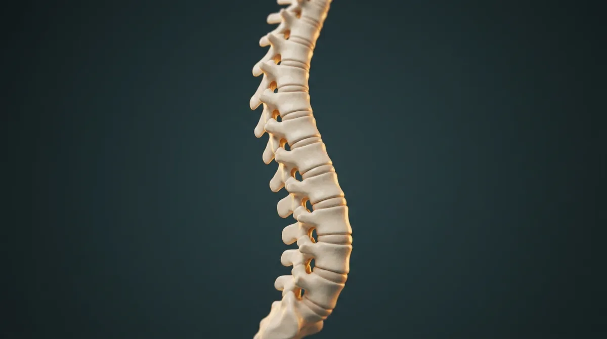 Modelo anatômico tridimensional de uma coluna vertebral com leve curvatura lateral em S, iluminado em tons de petróleo e dourado sobre fundo creme.