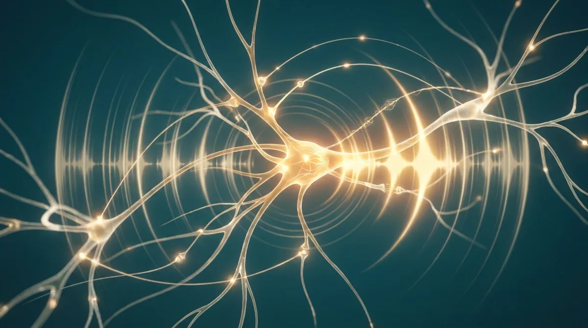 Ilustração editorial simbólica de uma rede neural com filamentos luminosos dourados sobre fundo petróleo, representando os sinais de dor amplificados da fibromialgia, sem pessoas e sem texto.