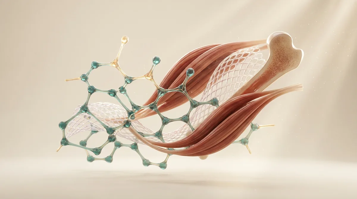 Ilustração 3D simbólica de uma estrutura molecular de aminoácido entrelaçada a fibras musculares e a uma malha de colágeno e osso, em tons de petróleo e dourado sobre fundo creme.