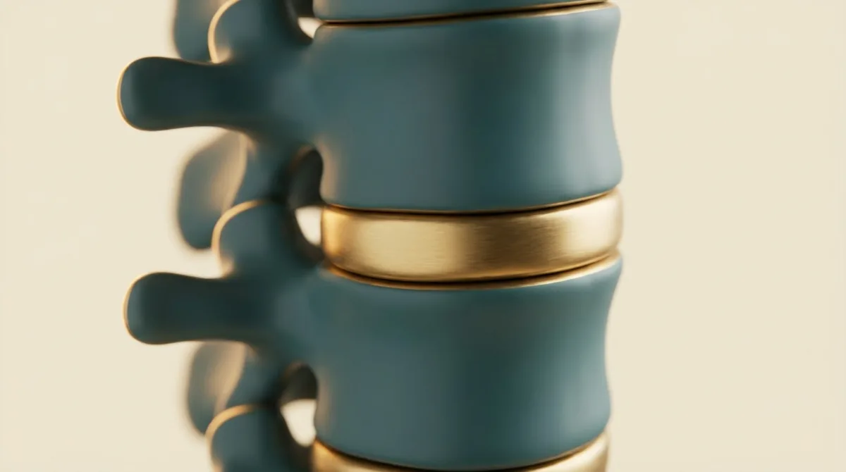 Modelo anatômico de coluna lombar em corte, destacando um disco intervertebral, iluminado em tons de azul petróleo e dourado sobre fundo creme.