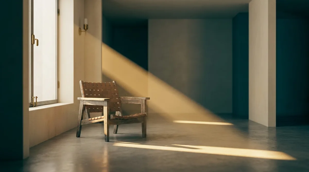 Poltrona de madeira vazia iluminada por um facho de luz dourada em uma sala silenciosa, símbolo da imobilidade no idoso e do movimento que aguarda recomeço.