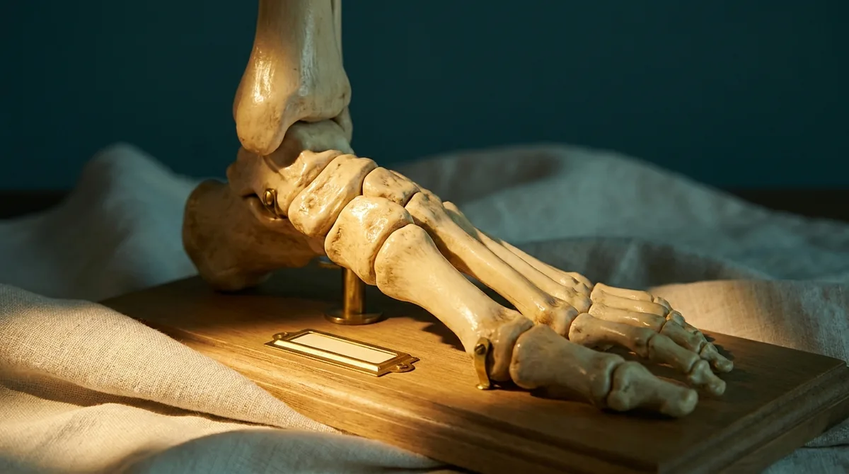 Modelo anatômico dos ossos de um pé humano em still life editorial, iluminação cinematográfica em tons petróleo e dourado sobre fundo creme, simbolizando o joanete e o crescimento ósseo.