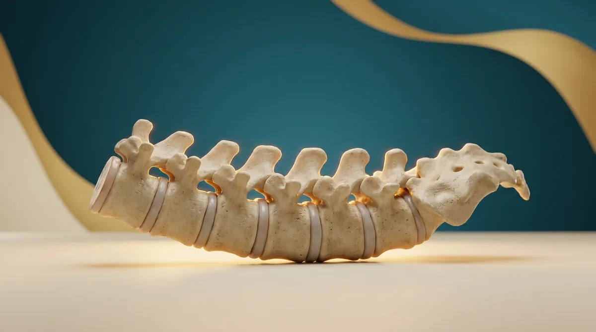 Modelo anatômico da coluna lombar iluminado por luz quente e dourada sobre superfície creme, com fundo em tom petróleo.