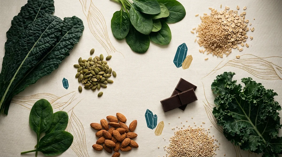 Composição editorial em vista superior com folhas verde-escuras, sementes de abóbora, castanhas e chocolate amargo sobre superfície de linho creme, com acentos em verde petróleo e dourado.