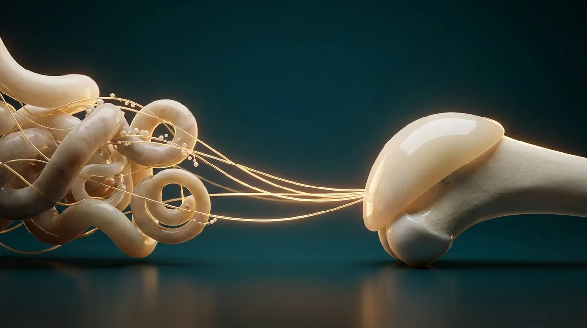 Ilustração conceitual do eixo intestino-articulação: formas orgânicas do microbioma conectadas por fios dourados de luz a uma cartilagem articular translúcida, em tons petróleo e dourado sobre fundo creme.