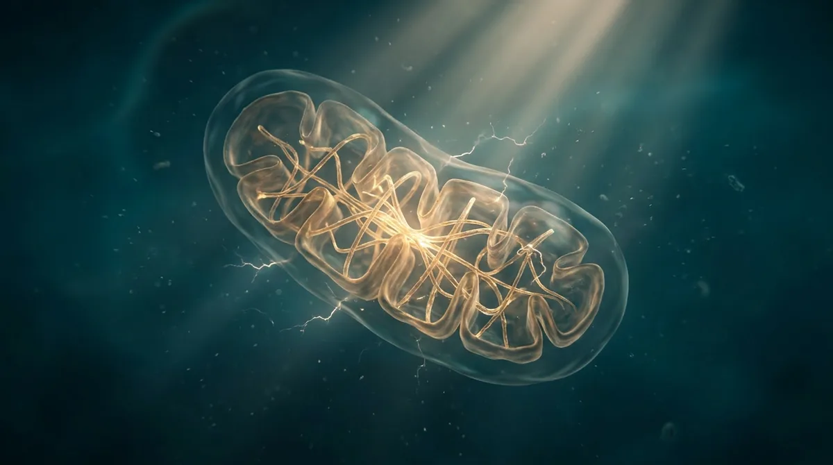 Ilustração 3D simbólica de uma mitocôndria brilhando com filamentos dourados de energia, suspensa em um espaço celular azul-petróleo, representando a ligação invisível entre energia e dor.