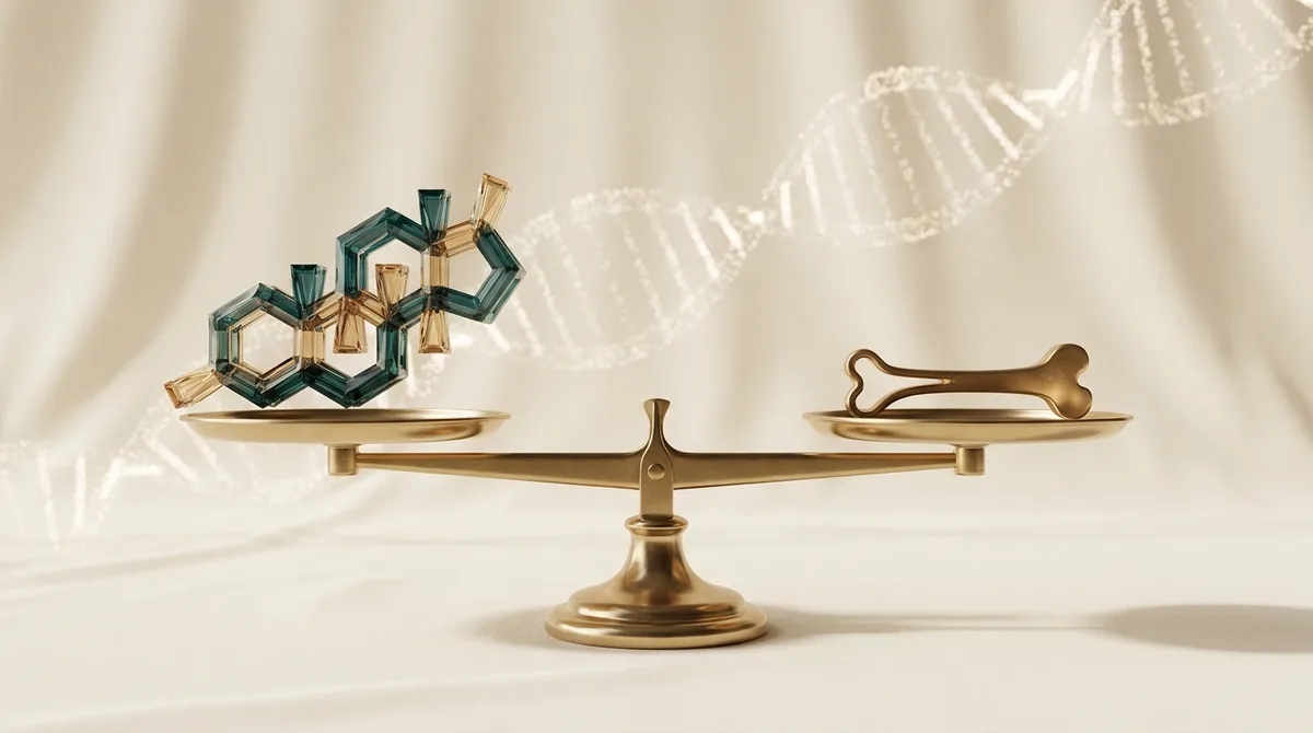 Balança de latão equilibrando uma estrutura molecular cristalina e a silhueta de um osso, em tons petróleo e dourado sobre fundo creme, simbolizando ética e ciência na saúde hormonal do atleta.