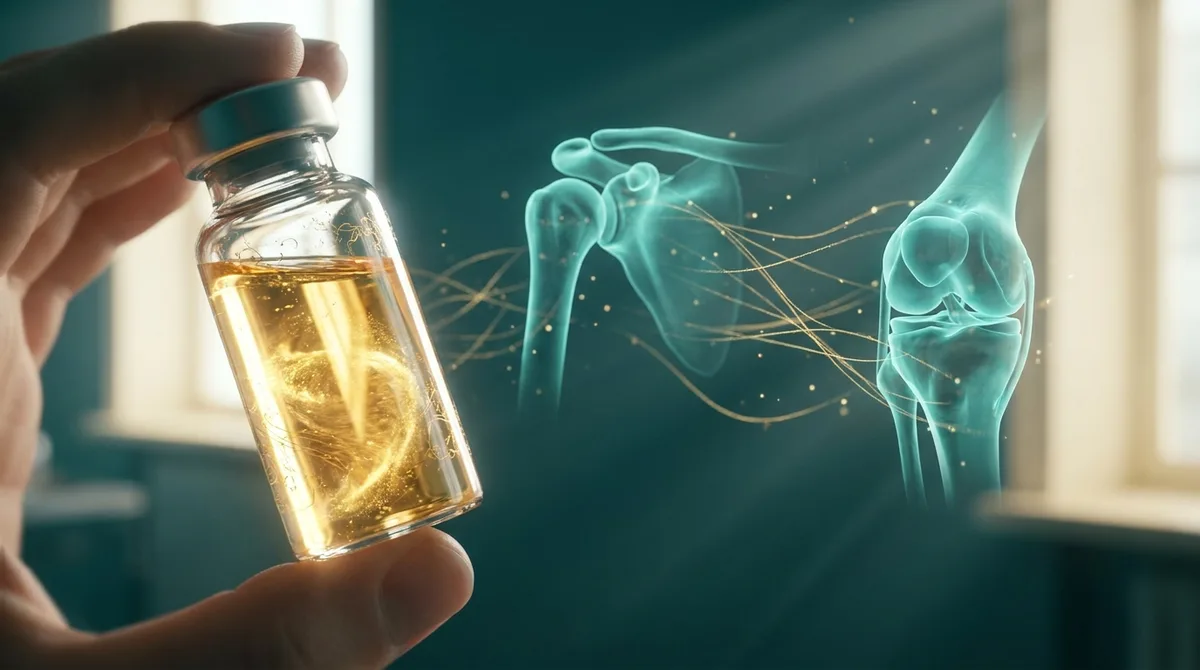 Frasco dourado de plasma concentrado sob luz suave de laboratório, com estruturas anatômicas translúcidas de ombro e joelho ao fundo em tom petróleo, simbolizando cicatrização e regeneração de tecidos.