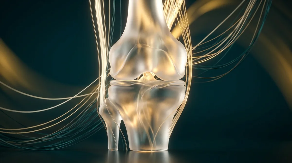 Escultura translúcida e abstrata de uma articulação de joelho iluminada por luz dourada sobre fundo petróleo, simbolizando regeneração e cuidado articular.