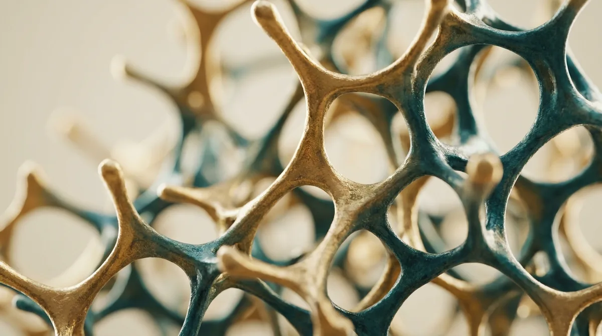 Ilustração macro da microarquitetura óssea trabecular, uma treliça em favo de mel, em tons de azul petróleo e dourado sobre fundo creme.