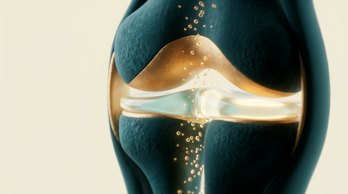 Ilustração simbólica em 3D de uma articulação de joelho estilizada, com finas bolhas luminosas de gás oxigênio-ozônio entrando no espaço articular, em tons petróleo e dourado sobre fundo creme.
