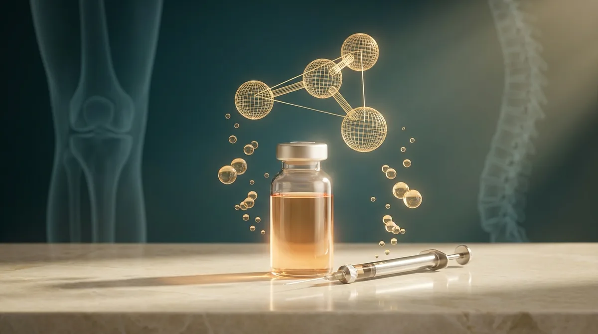 Composição editorial simbólica da ozonioterapia ortopédica: uma molécula de ozônio estilizada em dourado sobre um frasco médico com brilho suave, silhueta anatômica de joelho e coluna ao fundo, em paleta petróleo, dourado e creme.