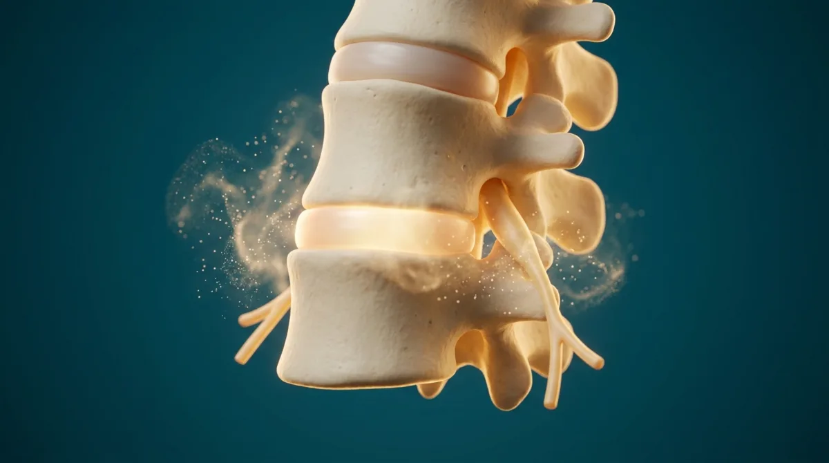 Ilustração anatômica simbólica de um segmento da coluna lombar com um disco intervertebral em destaque luminoso, em tons petróleo e dourado.