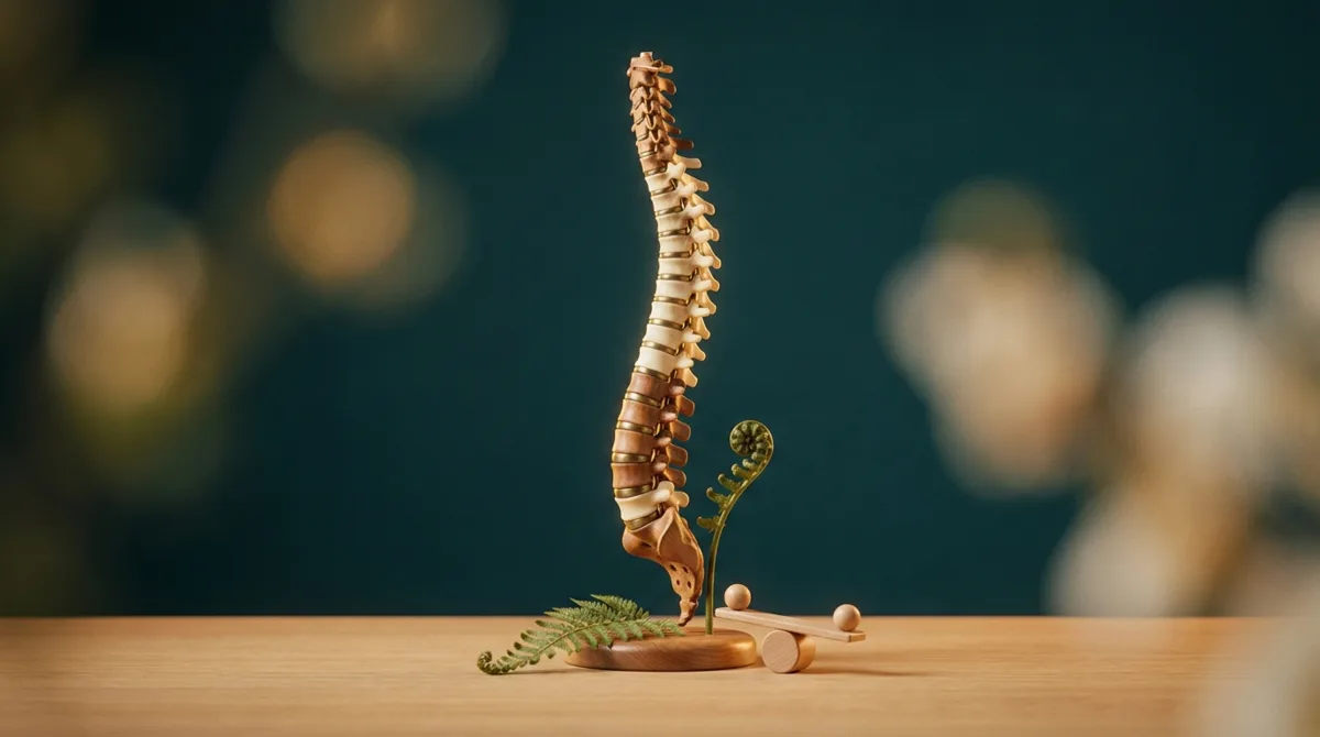 Modelo anatômico de uma coluna vertebral saudável e alinhada sobre superfície clara, com luz cinematográfica em tons de verde petróleo, dourado e creme.