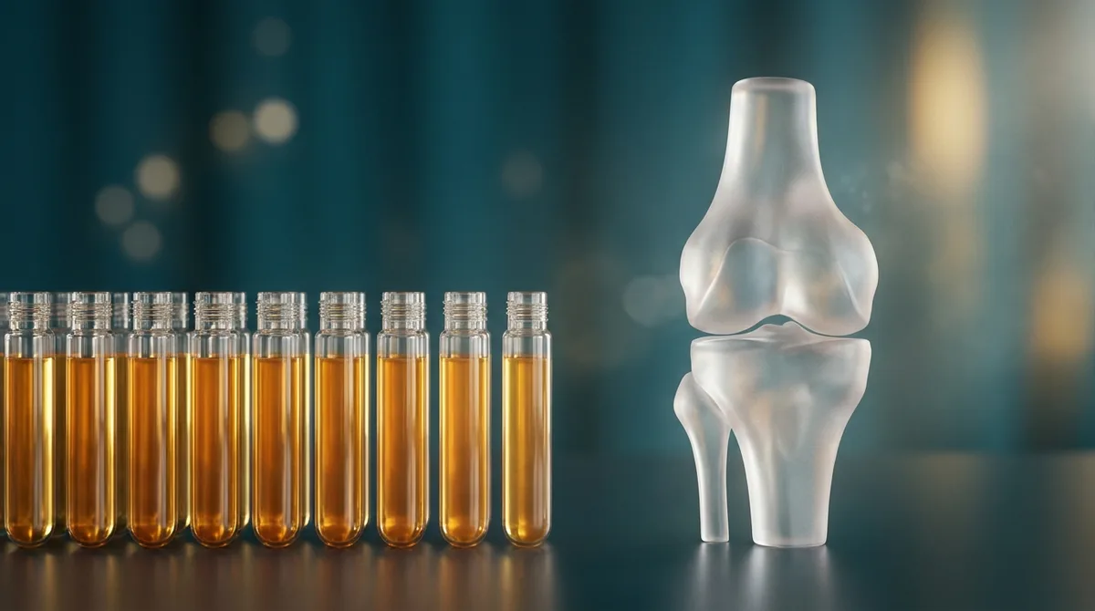 Composição simbólica em tons petróleo e dourado com tubos de centrífuga preenchidos por plasma âmbar ao lado de uma articulação de joelho estilizada e translúcida.
