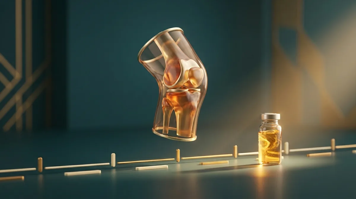 Ilustração 3D de uma articulação do joelho translúcida sobre um motivo de linha do tempo, com um frasco de plasma dourado, em tons petróleo e dourado.