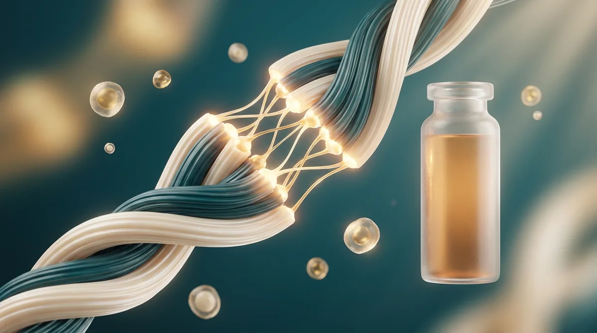 Ilustração 3D simbólica de regeneração de tecido: fibras de tendão estilizadas se reconectando com pontos de luz dourada, ao lado de um frasco de plasma âmbar, sobre fundo em tom petróleo.