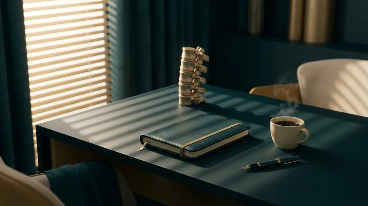 Mesa de trabalho minimalista de executivo ao amanhecer, com caderno de couro fechado, caneta, xícara de café e uma escultura estilizada de coluna vertebral em tom dourado, simbolizando atenção à saúde e à longevidade.