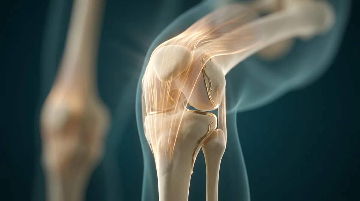 Ilustração anatômica em 3D de um joelho humano com o tendão patelar destacado abaixo da rótula, fibras luminosas sugerindo regeneração, sobre fundo petróleo escuro com luz dourada.