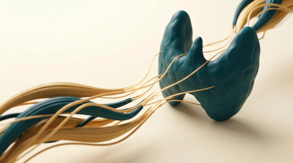 Ilustração simbólica de uma glândula tireoide em forma de borboleta conectada a fibras musculares estilizadas, em tons petróleo e dourado sobre fundo creme.
